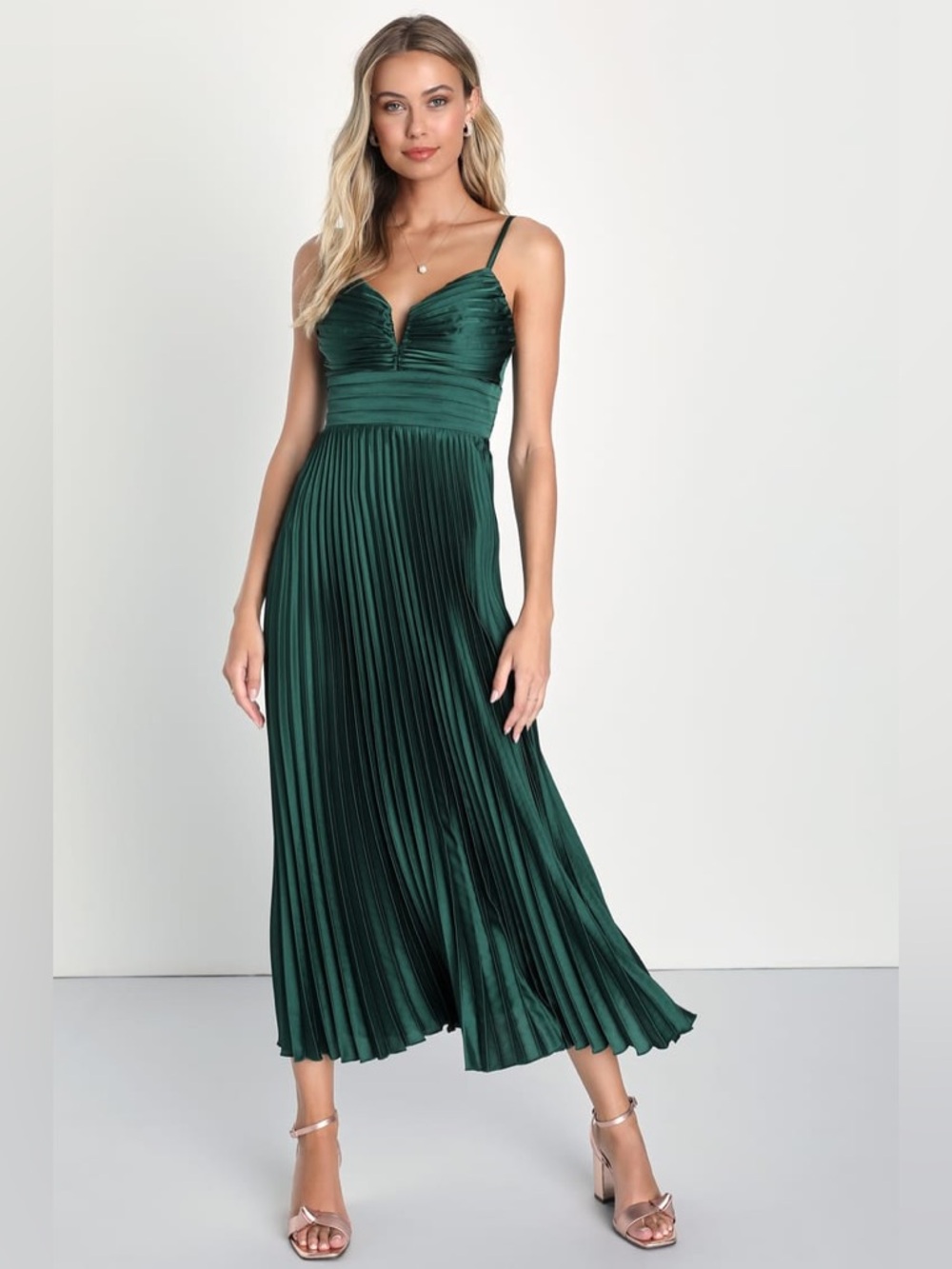 Lulus Fabulous Perfection Emerald Green Satin Pleated Midi Dress Size Large NWT